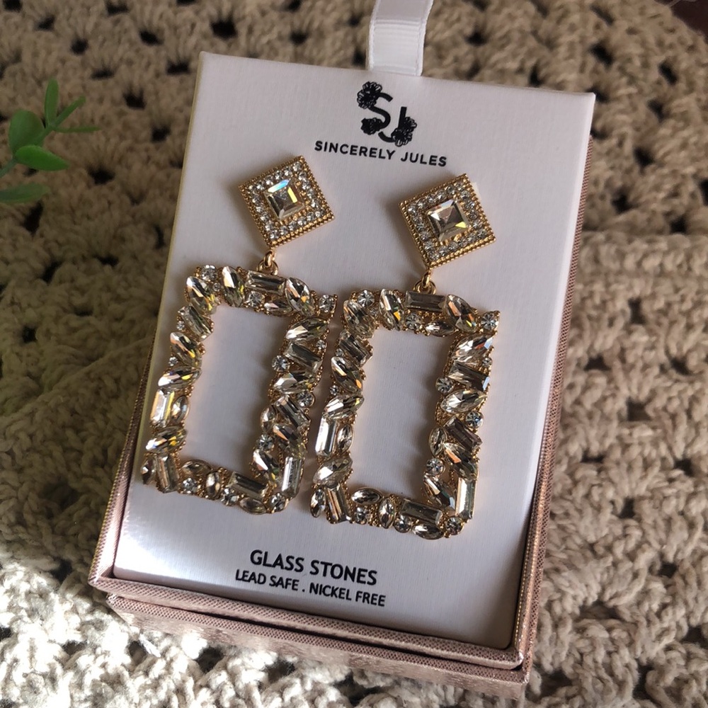 Elegant Gold Statement Earrings with Clear Glass Stones